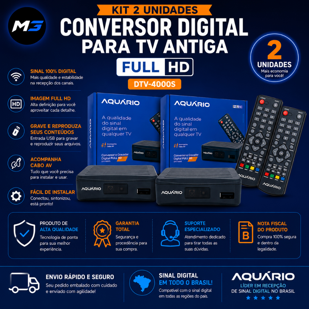 2 Conversores Digitais para TV Antiga Full HD DTV-4000S com Controle Aquário