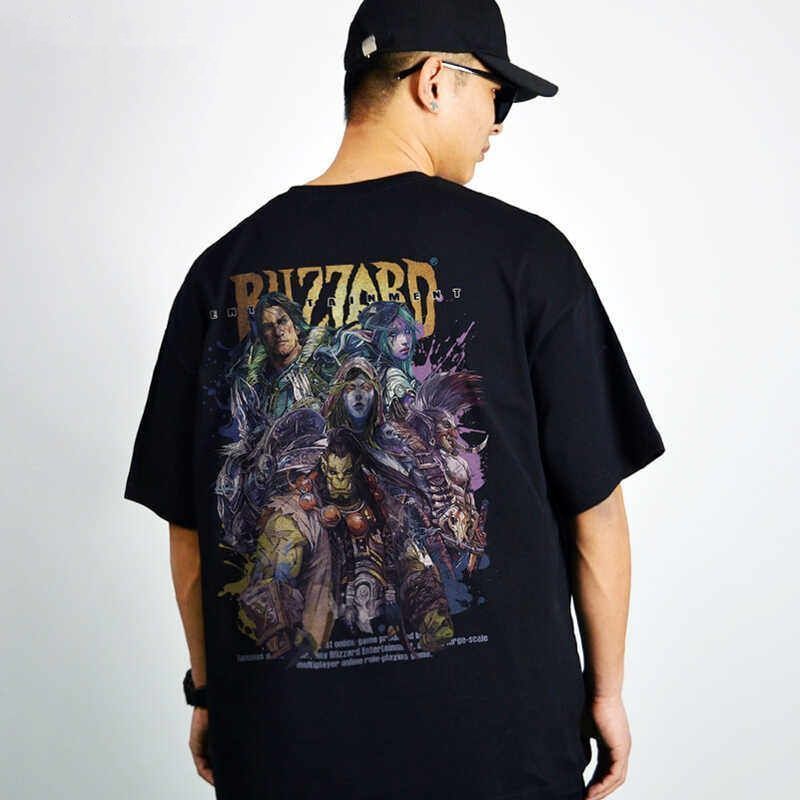 Camiseta unissex gola redonda preta 100% algodão, estampa personagens Warcraft Blizzard na parte traseira