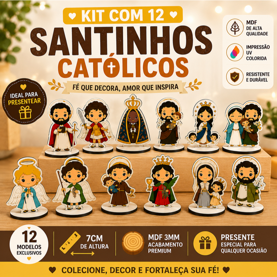 Kit 12 Santinhos Católicos MDF 7cm Nossa Senhora Aparecida Santos Religiosos Presente Fé Decoração