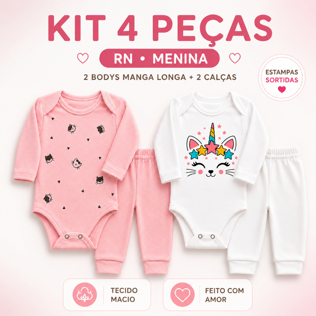 Kit 4 Peças Bebê Menina | 2 Bodies Manga Longa + 2 Calças | RN ao G | Inverno