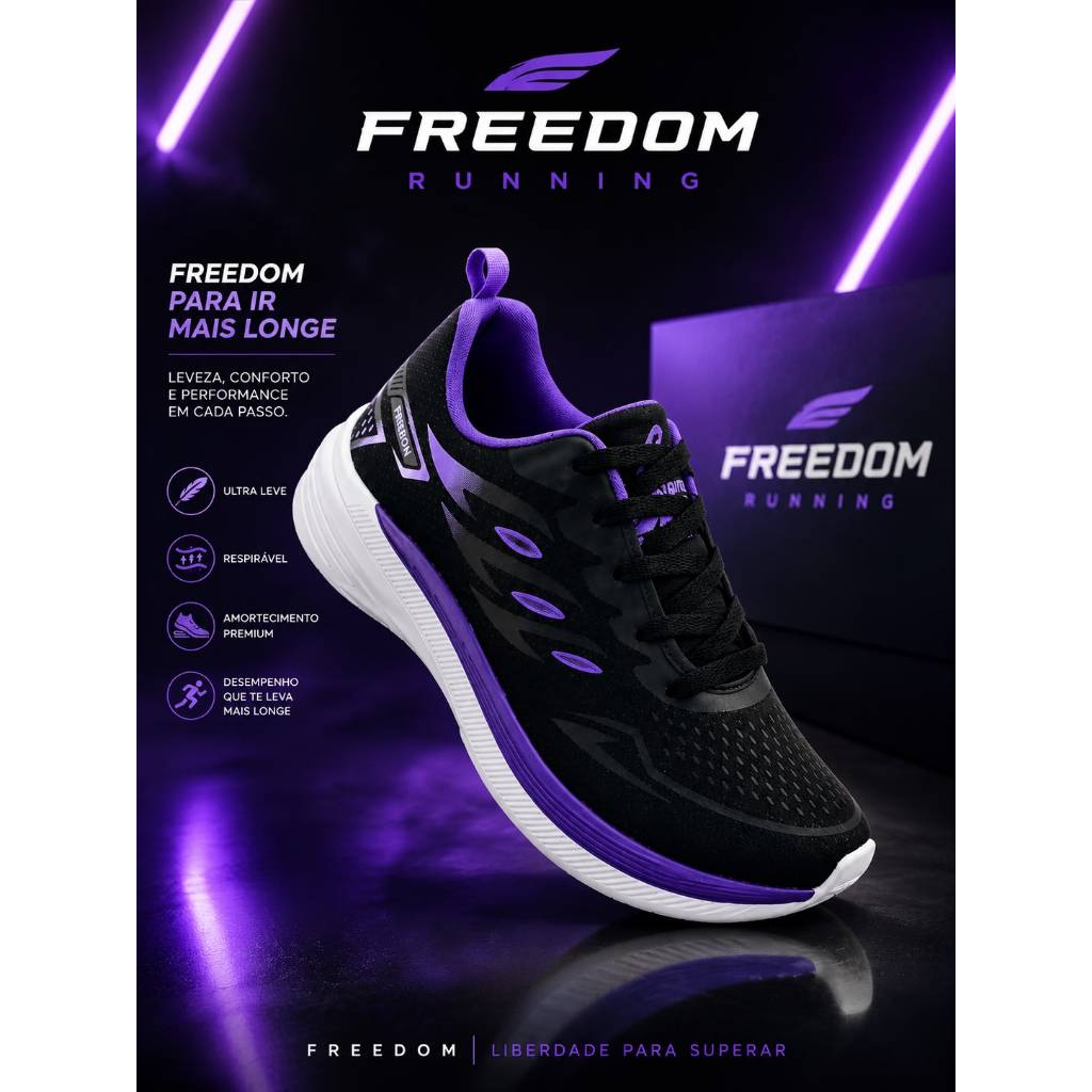 Tenis Feminino Escolar Academia Original FREEDOM Corrida Caminhada Lançamento PRETO ROXO UVA