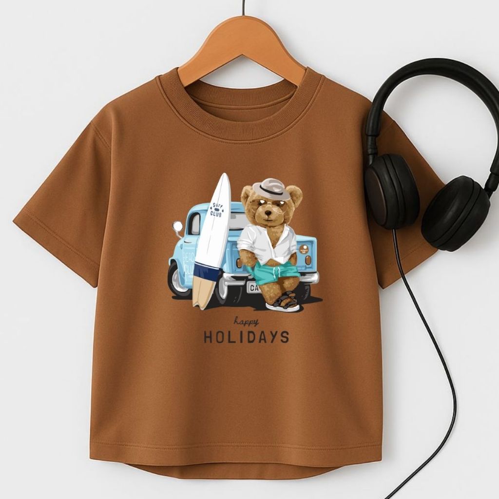 Camiseta Masculina Infantil Blusa Verão Manga Curta 100% Algodão Juvenil 4 ao 16 Urso Kombi Lançamento Estampa