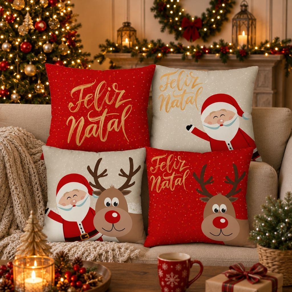 NATAL: KIT 4 CAPAS PARA ALMOFADA FELIZ NATAL 45X45