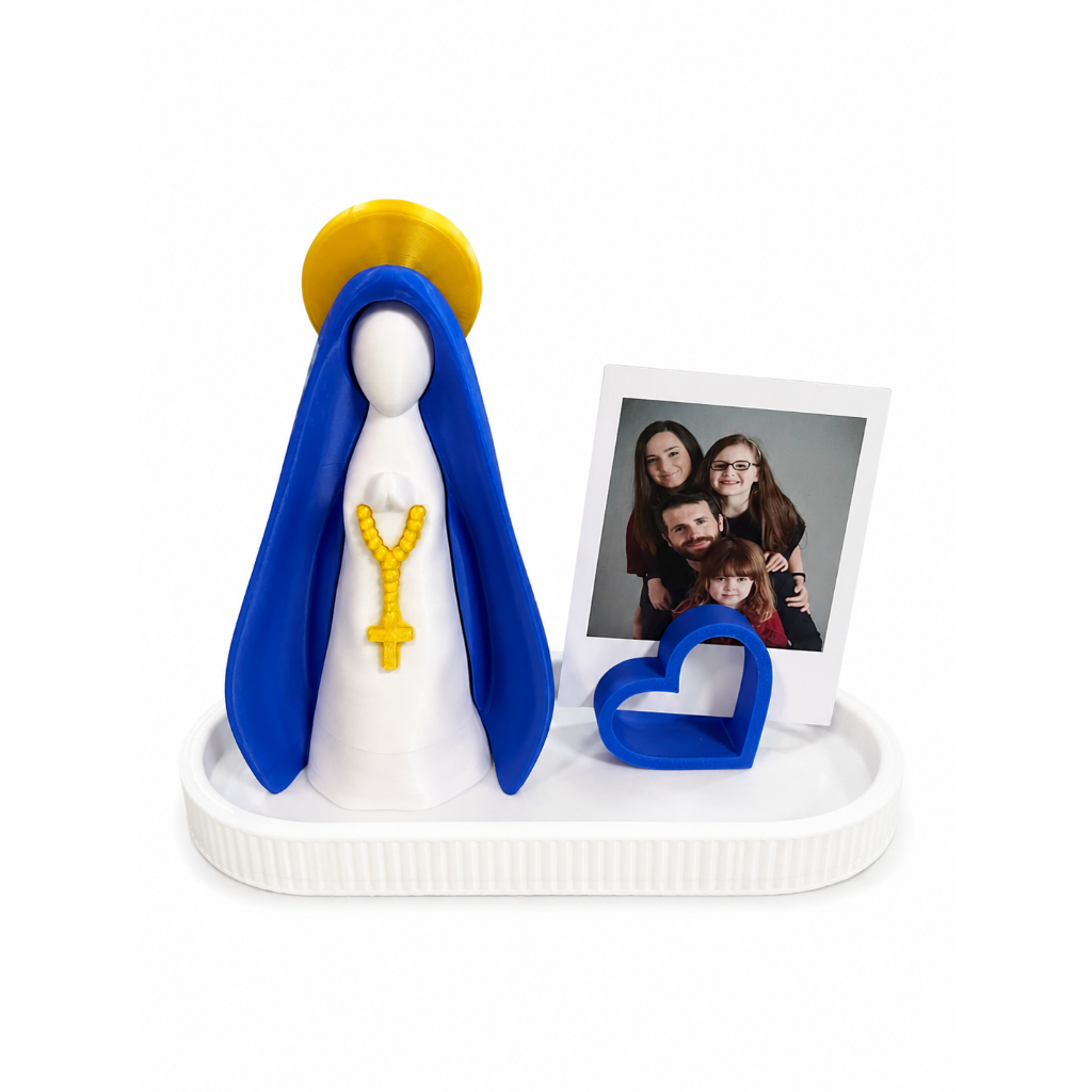 Kit Nossa senhora Aparecida decorativa 12 cm com bandeja e porta foto Polaroid/ kit religioso em impressão 3D
