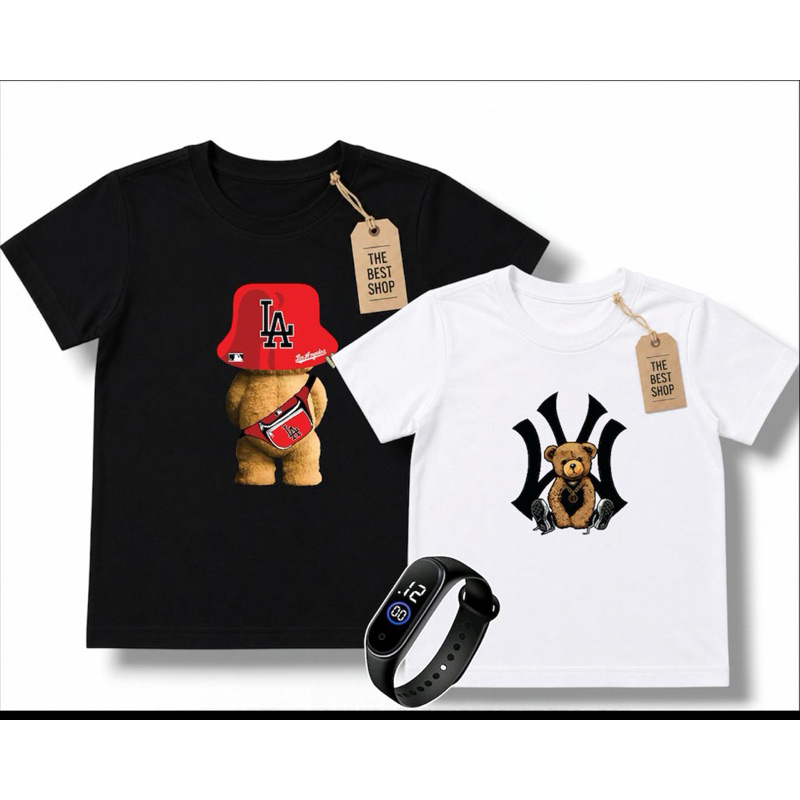 kit 2 Camisetas 100% Algodoa Infantil e adulto Masculina + relógio digital prova d’água envio rápido estampa N-Y