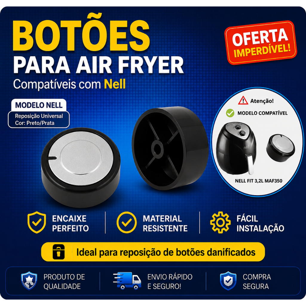 Botão Timer Air Fryer Nell Preto Peça de Reposição Compatível Original