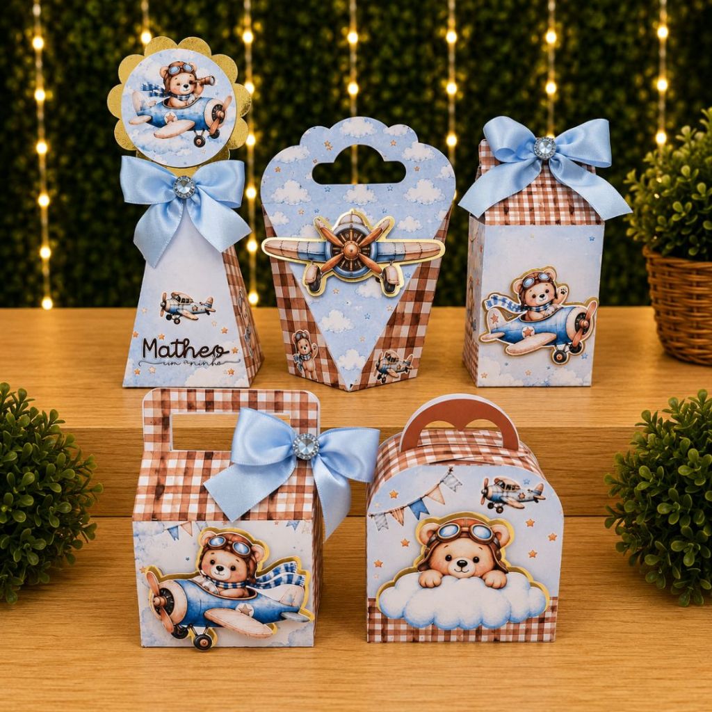 Kit Caixinhas Personalizadas Ursinho Aviador / Lembrancinha Aniversário / Caixas Montadas e Com laço