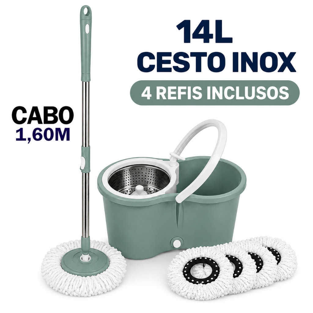Mop Giratório 360 14L Cesto Inox Cabo 1,60m Dispenser para Sabão Rodinhas Alça + 4 Refis Microfibra