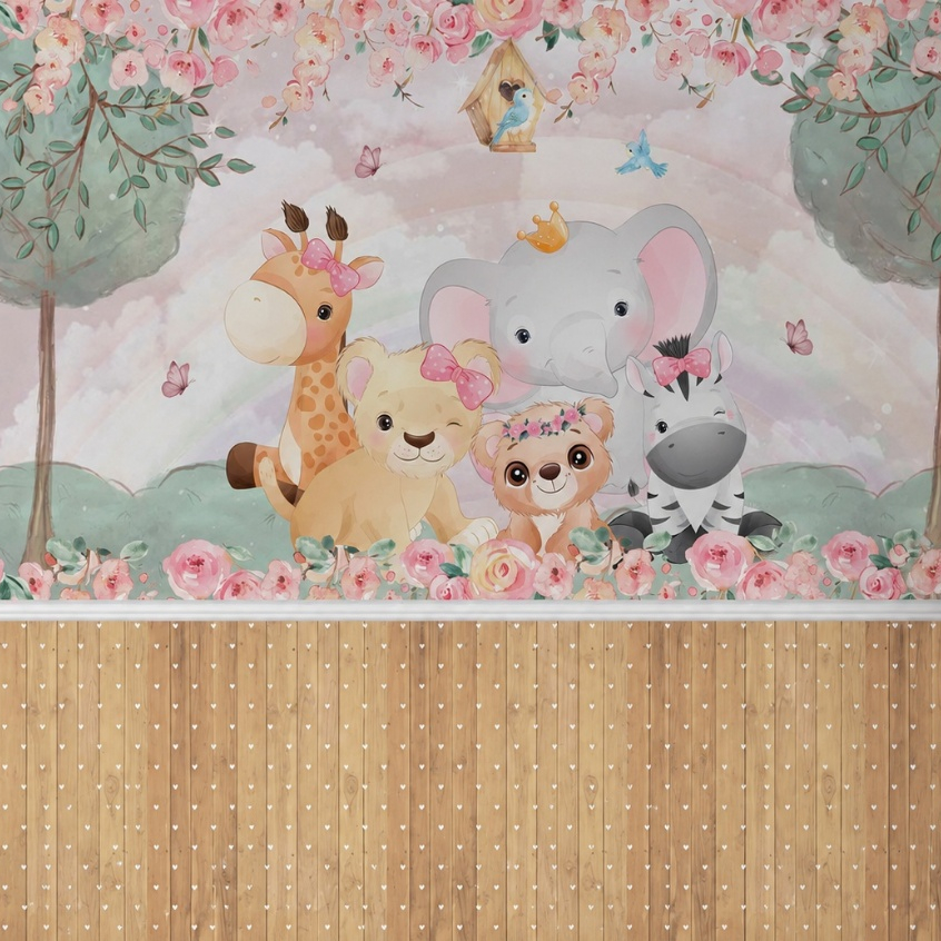 Painel Papel de Parede Autocolante Personalizado Amiguinhos Safari Decoração Par