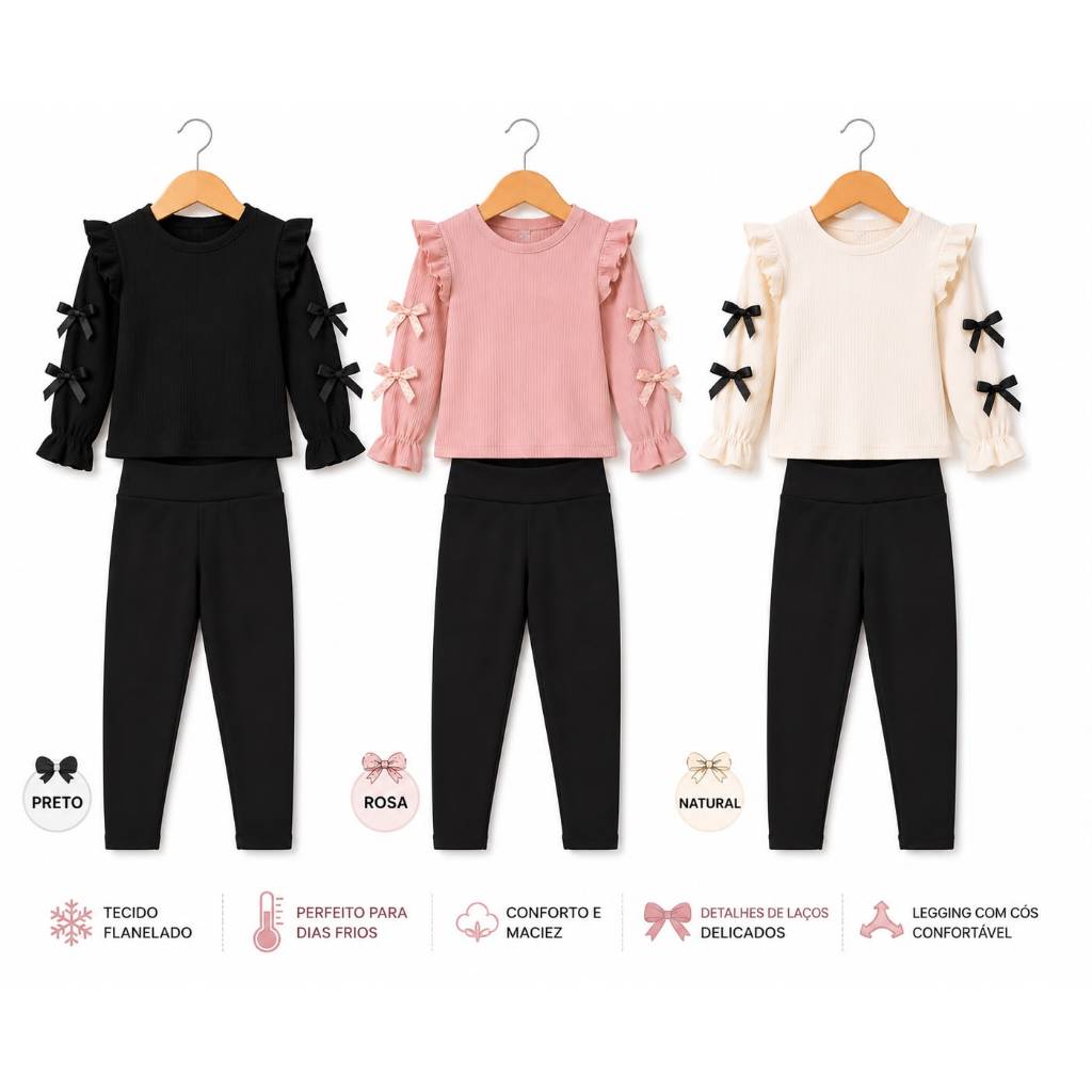 Conjunto Infantil Feminino Blusa Laço + Calça Flanelado – Rose, Branco e Preto