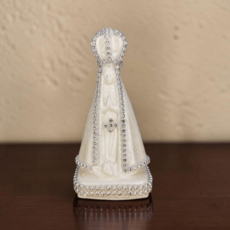 Imagem Nossa Senhora Aparecida 10cm Branca Cinza Dourada com Strass e Base em Feltro