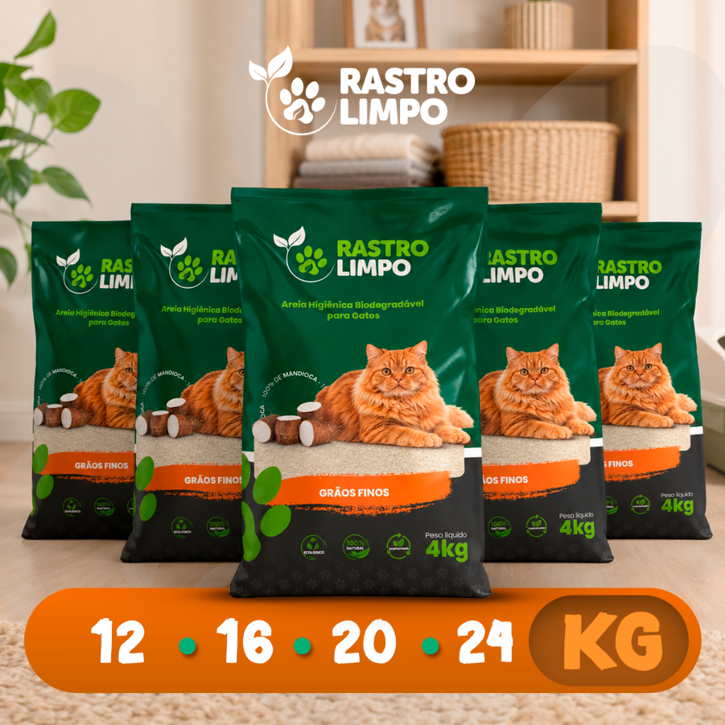Areia Biodegradável Gato Grãos Finos 12 a 24kg Rastro Limpo Mandioca Torrão Firme Sem Poeira