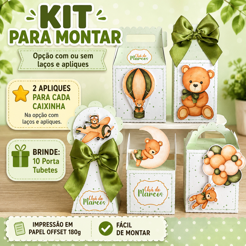Kit Caixinhas Personalizadas Chá de Bebê Ursinho verde –PARA Montar-/Chá revelação / Chá de bebê