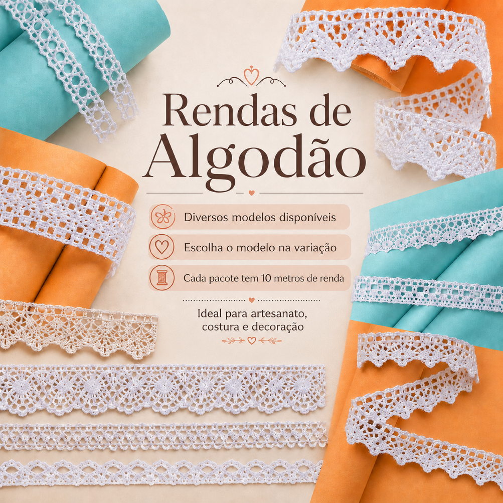 Renda de Algodão Arte Punto Vários Modelos - Branco e Cru Artesanato - 100% ALGODÃO - 10 metros