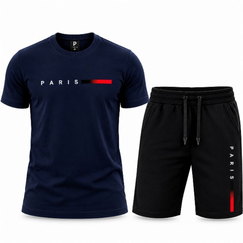 Conjunto Masculino Camiseta  Azuln+ Bermuda Azul  Paris Tendência Lançamento