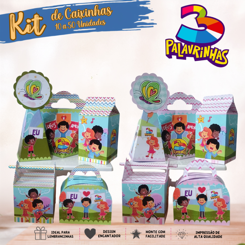 Kit Festa 3 Palavrinhas Clássico e Rosa - Caixinhas personalizadas para lembrancinhas - 10 a 50 Unidades