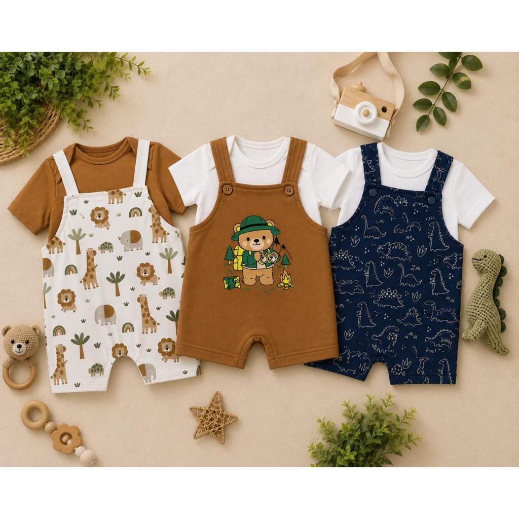 KIT 3 CONJUNTOS JARDINEIRAS BEBE MANGA CURTA ESTAMPADAS SORTIDAS VERÃO