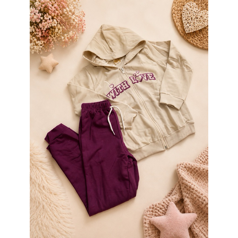 Conjunto Infantil Feminino Moletom com Capuz Doce Folia Off White e Roxo Inverno Tamanho 10