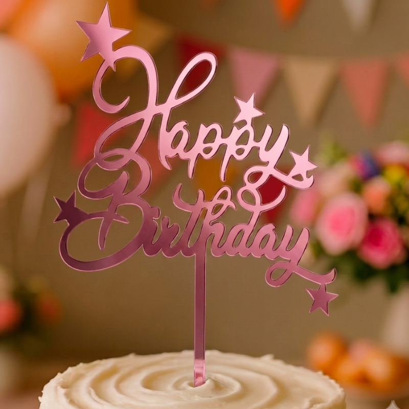 Topo de Bolo Acrílico Happy Birthday Feliz Aniversário Parabéns Cake Topper Espelhado Dourado Rosa Prata Decoração Festa