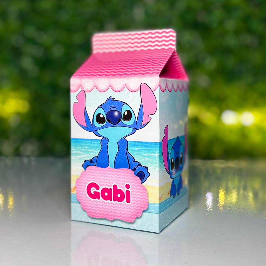 10 Un Caixa Milk ou Caixa Pirâmide Stitch Rosa Lembrancinha Personalizada Festa Infantil
