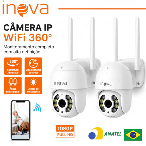 INOVA Câmera IP WiFi 360° Full HD 1080P Visão Noturna Áudio Bidirecional IP66 ICSEE Yoosee