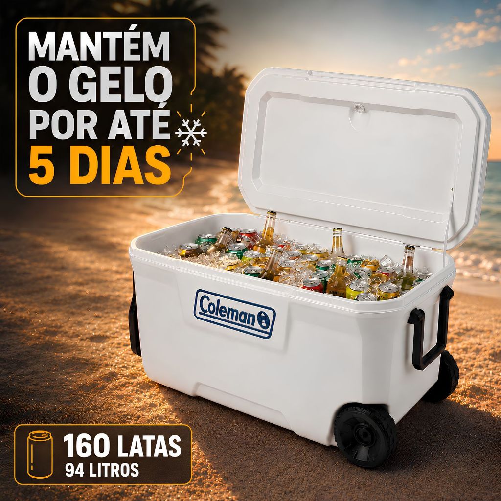 Caixa Termica Com Rodas 94L Coleman Marine Cooler Termico Grande Branco Porta Copo Camping Viajem