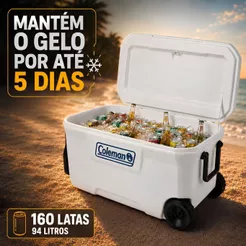 Caixa Termica Com Rodas 94L Coleman Marine Cooler Termico Grande Branco Porta Copo Camping Viajem