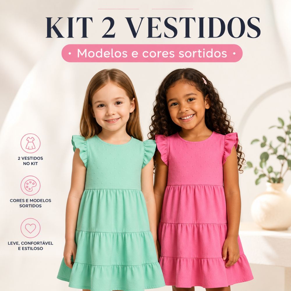 Vestido Infantil 3 Marias Para Menina Kit 2 Unidades Com Babados Rodado Com Laço Strass Verão Confortável Fresquinho