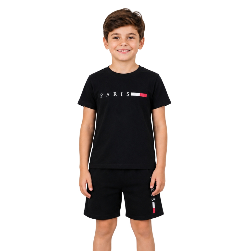 Kit 2 Peças Camiseta + Bermuda Conjunto Infantil Menino Estampa Paris Verão Esporte Premium