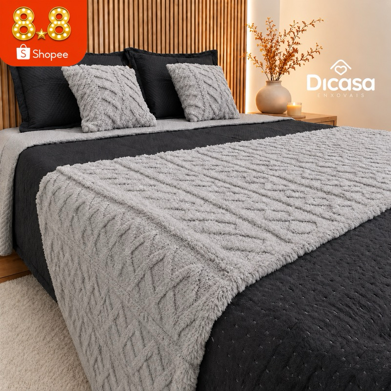 Kit Peseira Para Cama 3 Peças 2 Capas de Almofadas Decorativa Flannel Fofinho Macio Casal Queen King