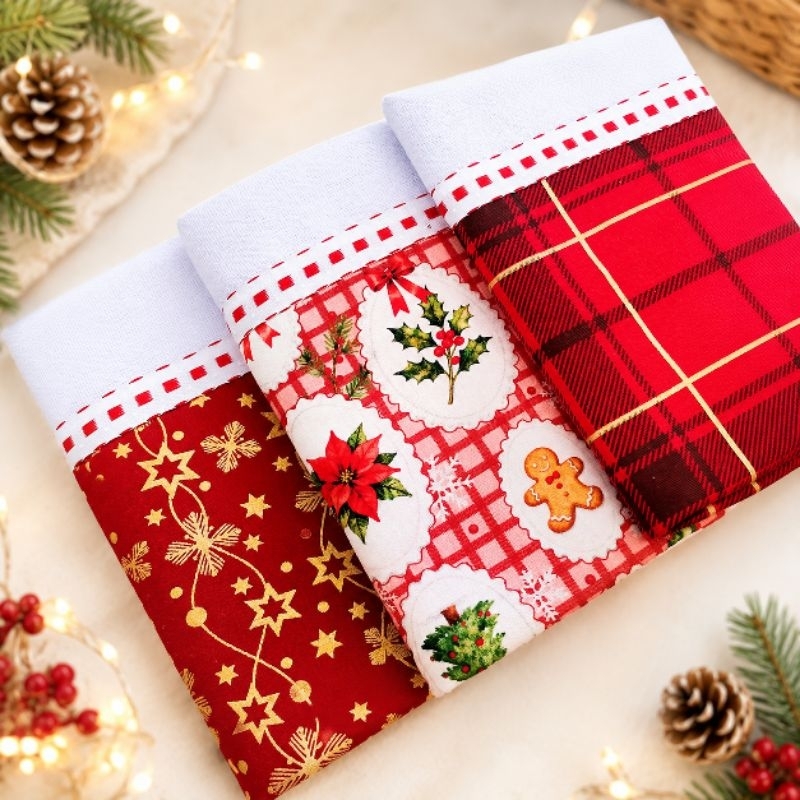 Panos de Prato Natalino kit 3 peças 100% algodão Premium – Decore sua Cozinha com Estilo!