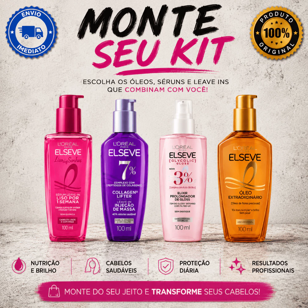 KIT PERSONALIZADO ELSEVE L'ORÉAL PARIS | MONTE DO SEU JEITO | ÓLEO, SÉRUM E LEAVE-IN
