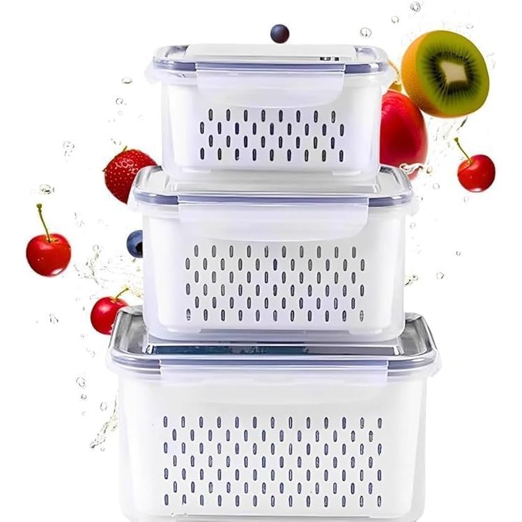 Organizador com 3 Potes Herméticos De Geladeira Para Frutas  Próprios Para Geladeira e Micro-ondas