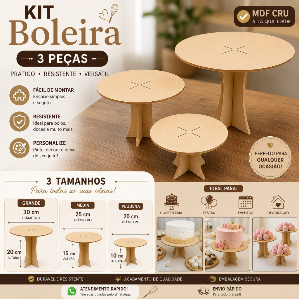 Trio de Bandejas para Decoração de Mesa de festa Bolos e Doces 3 Boleiras em Mdf