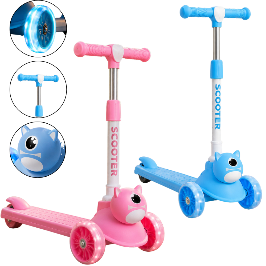 Patinete infantil 3 Rodas com luzes led altura ajustável dobrável criança patinete azul e rosa