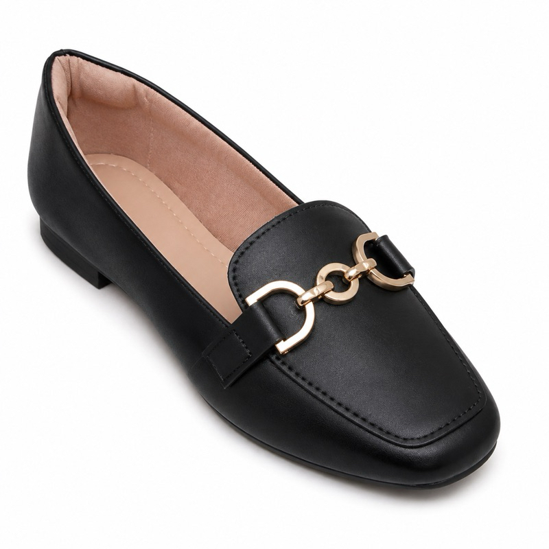 sapatilha feminina mocassim preta bico quadrado sapato confortavel casual social metal dourado moda mocassim macia