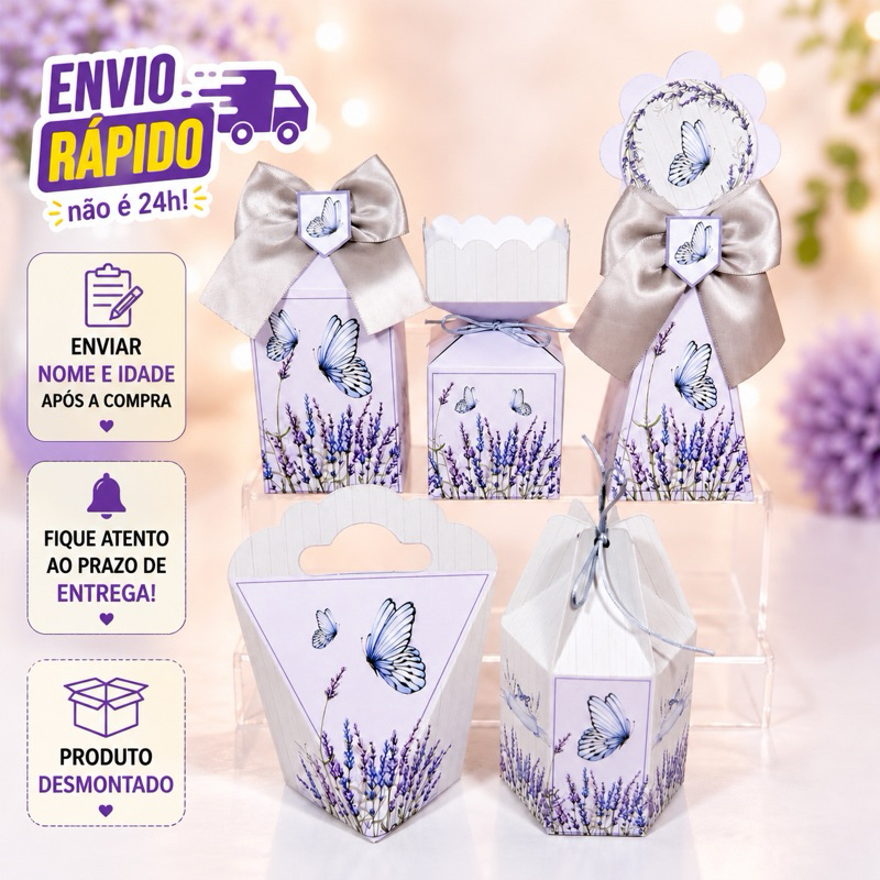 kit Caixinhas Personalizadas para Festa LAVANDA LILAS E PRATA COM BORBOLETAS Lembrancinhas de Aniversário DESMONTADO.