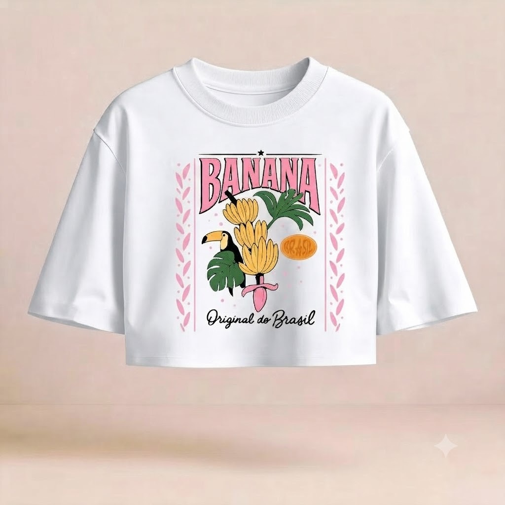 Cropped Oversized Feminino Banana Original do Brasil – Camiseta Streetwear 100% Algodão Estampa Tropical