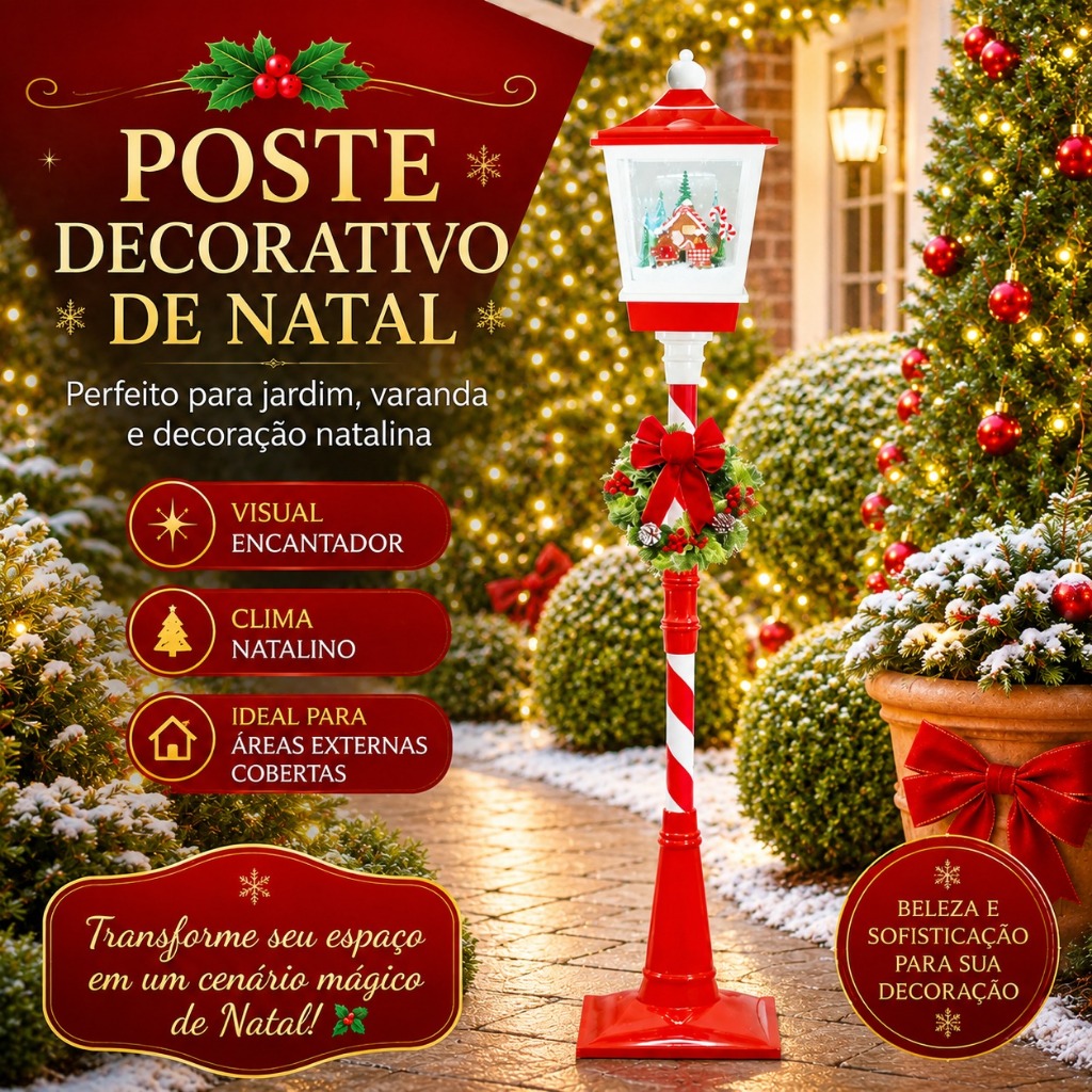 Poste Natal Vermelho/Branco Casa Ginger 184cm (Musical e Nevando)