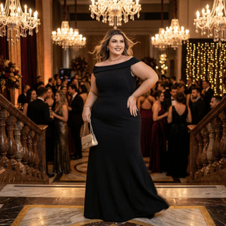 Vestido Plus Size Longo Festa Crepe Ombro  a Ombro Sereia Convidada Madrinha Evento GG ao G4