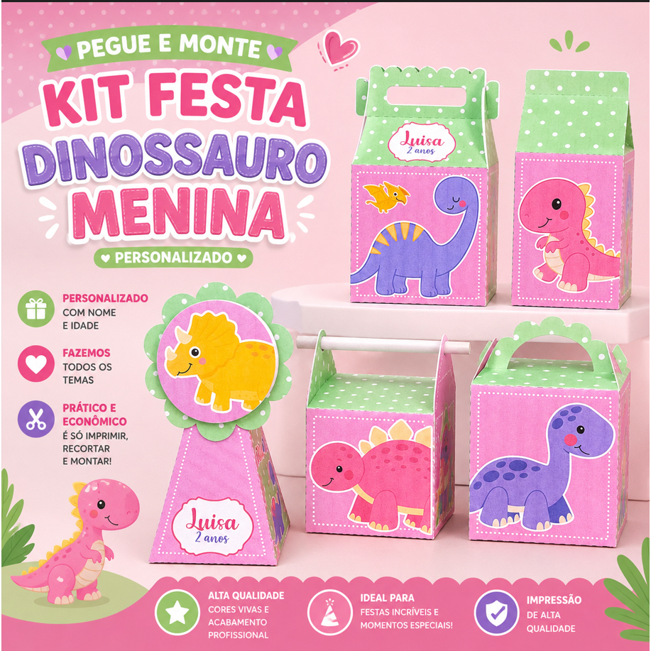 Kit Festa Dinossauro Menina Personalizado | Caixinhas Pegue e Monte | Festa Infantil