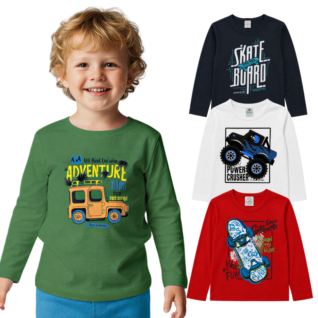Kit 3 Camiseta Infantil Manga Longa Menino Sortido Blusa Meia Estação Roupa Masculina Bebê