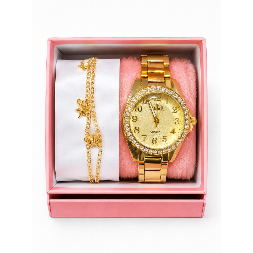 Relógio Feminino Dourado Analógico Quartz com Pedrarias, Pulseira Metálica, Elegante e Luxuoso para Presente