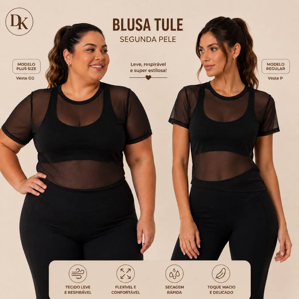 Blusa Fitness Feminina em Tule Manga Curta Transparente Academia Esportiva Antissuor