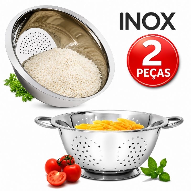 ESCORREDOR DE MACARRÃO MASSAS + ESCORREDOR DE ARROZ INOX MULTIUSO KIT 2
