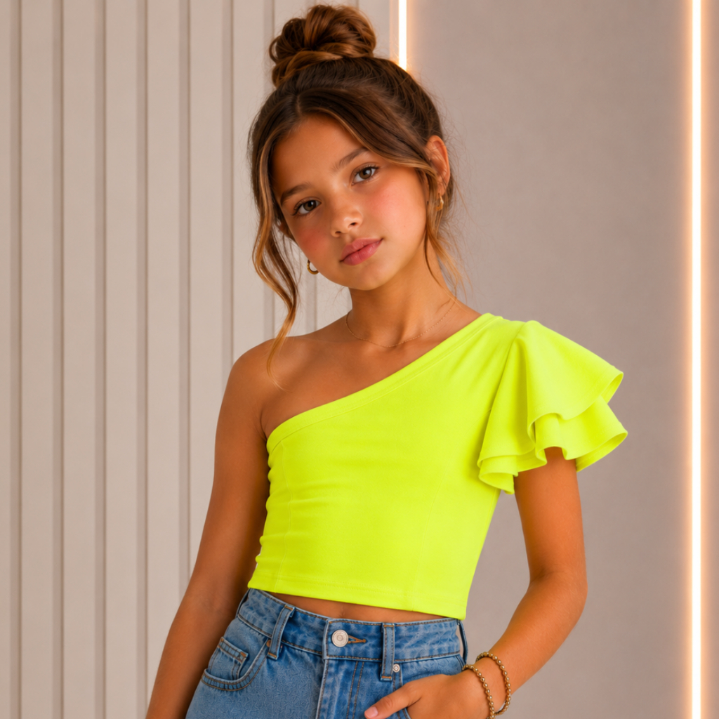 Cropped Infantil Ombro A Ombro Manga Babado Verão Mini Diva Moda Fashion Menina Blogueirinha Primavera