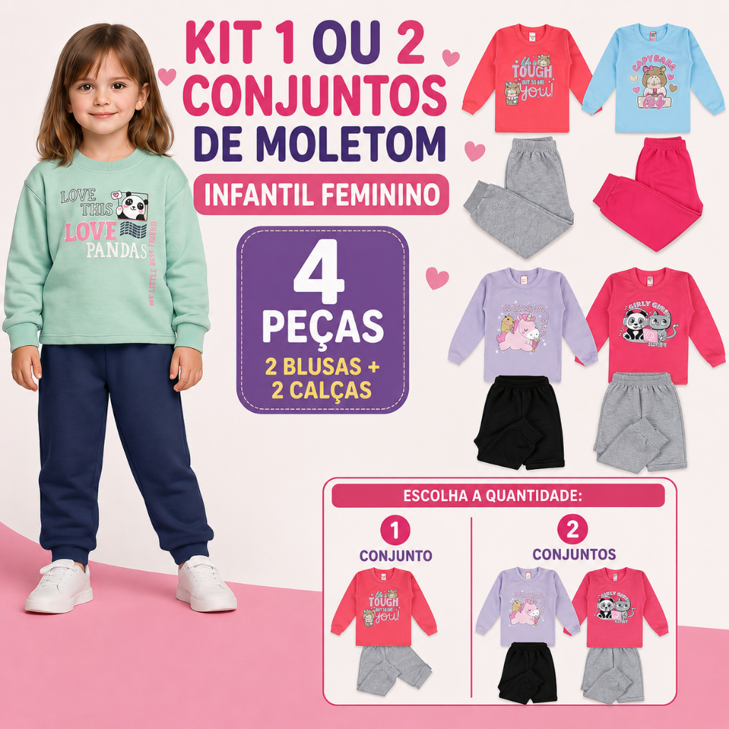 Conjunto Moletom Infantil Menina Inverno 85% Algodão 1 ou 2 Conjuntos Tam 1 ao 8 Estampas Sortidas