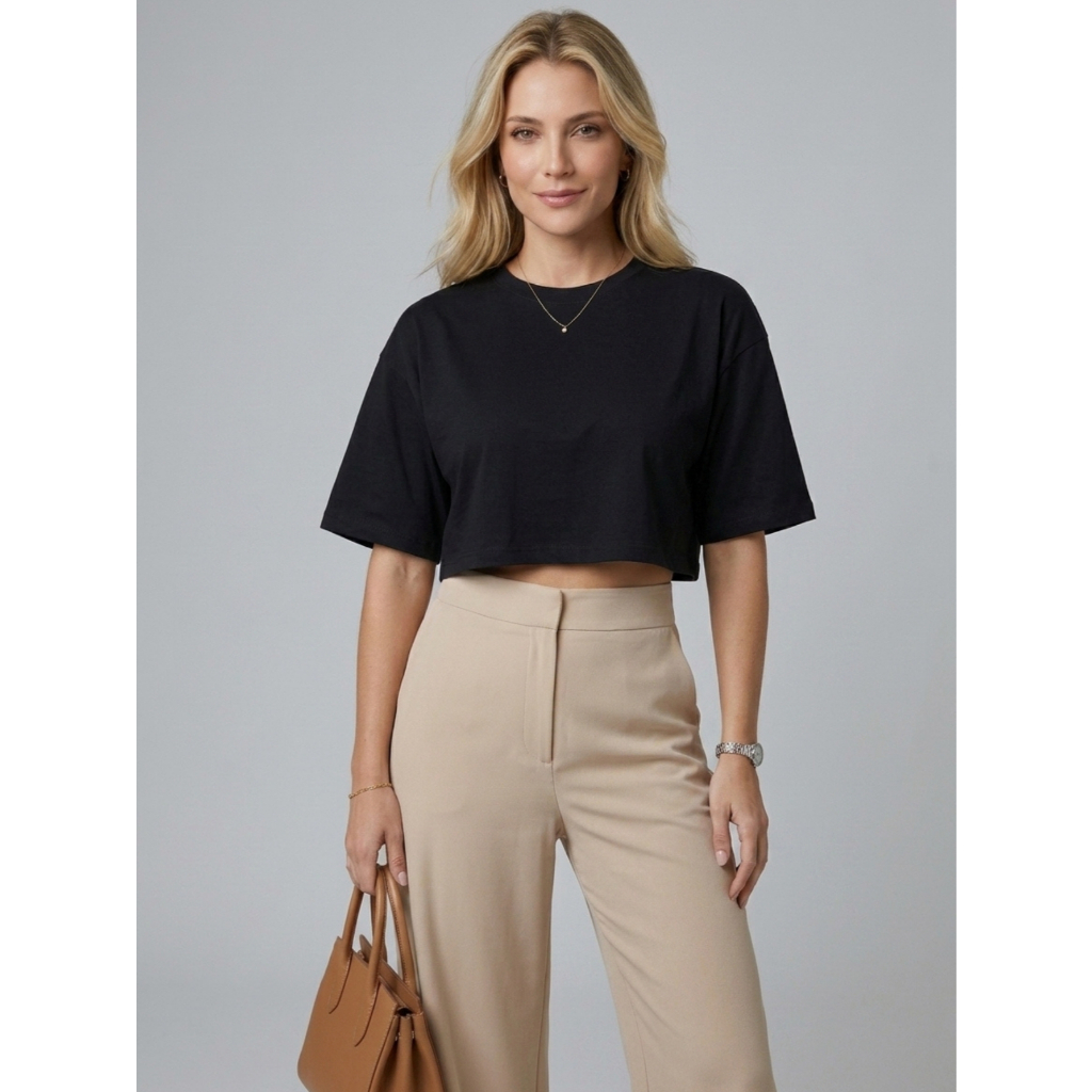 Camiseta T-Shirt Cropped Feminina Oversized 100% Algodão Básica Premium Estilo Urbano Casual Fashion
