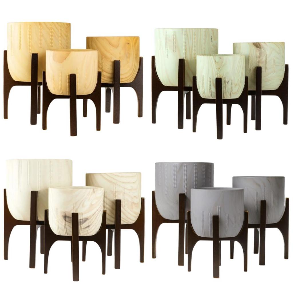 Kit 3 Vasos Decorativo Linha Genebra com Suporte de Madeira