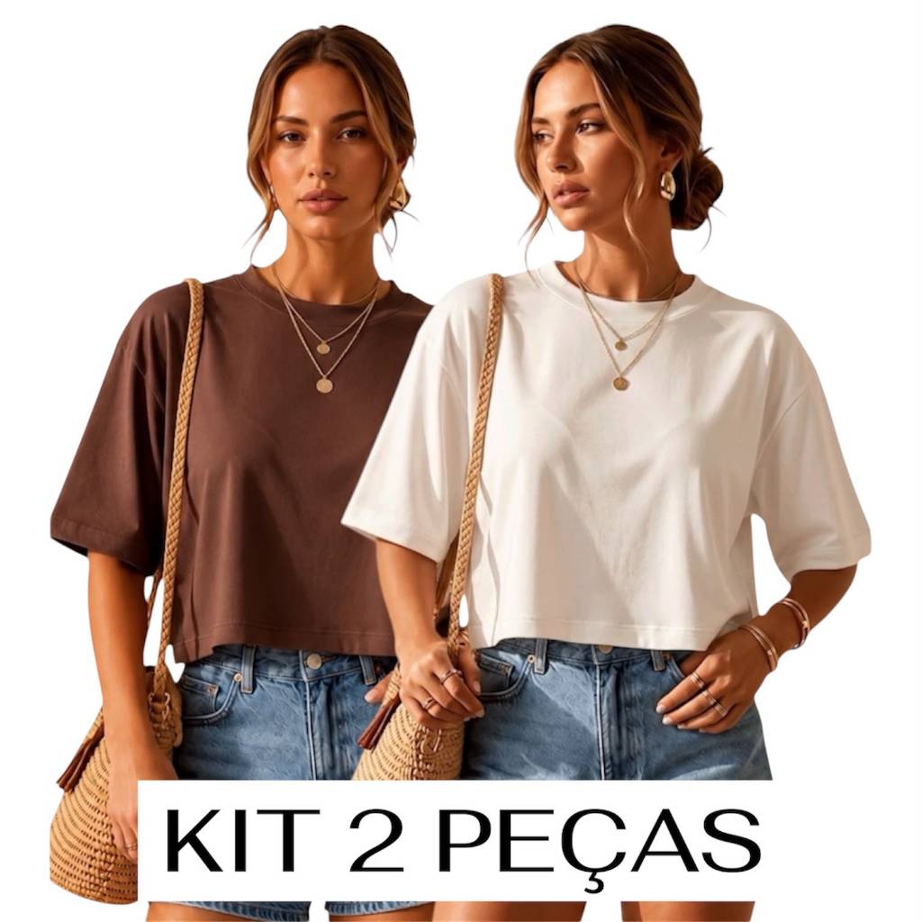 Kit 2 Cropped Oversized Feminina Tee T-shirt Camiseta Básica Viscolycra Lisa Manga Curta Algodão Academia